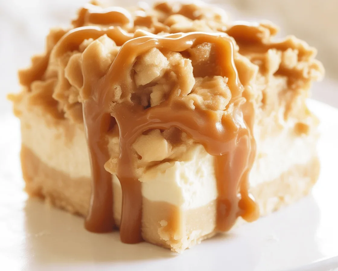Delicious Caramel Apple Cheesecake Bars with shortbread crust and streusel topping.