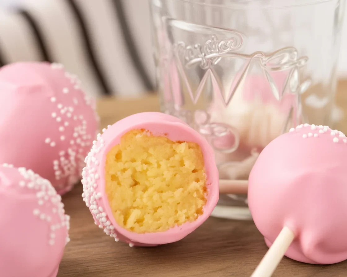 A delicious homemade Starbucks Cake Pop decorated with pink candy melts and sprinkles.