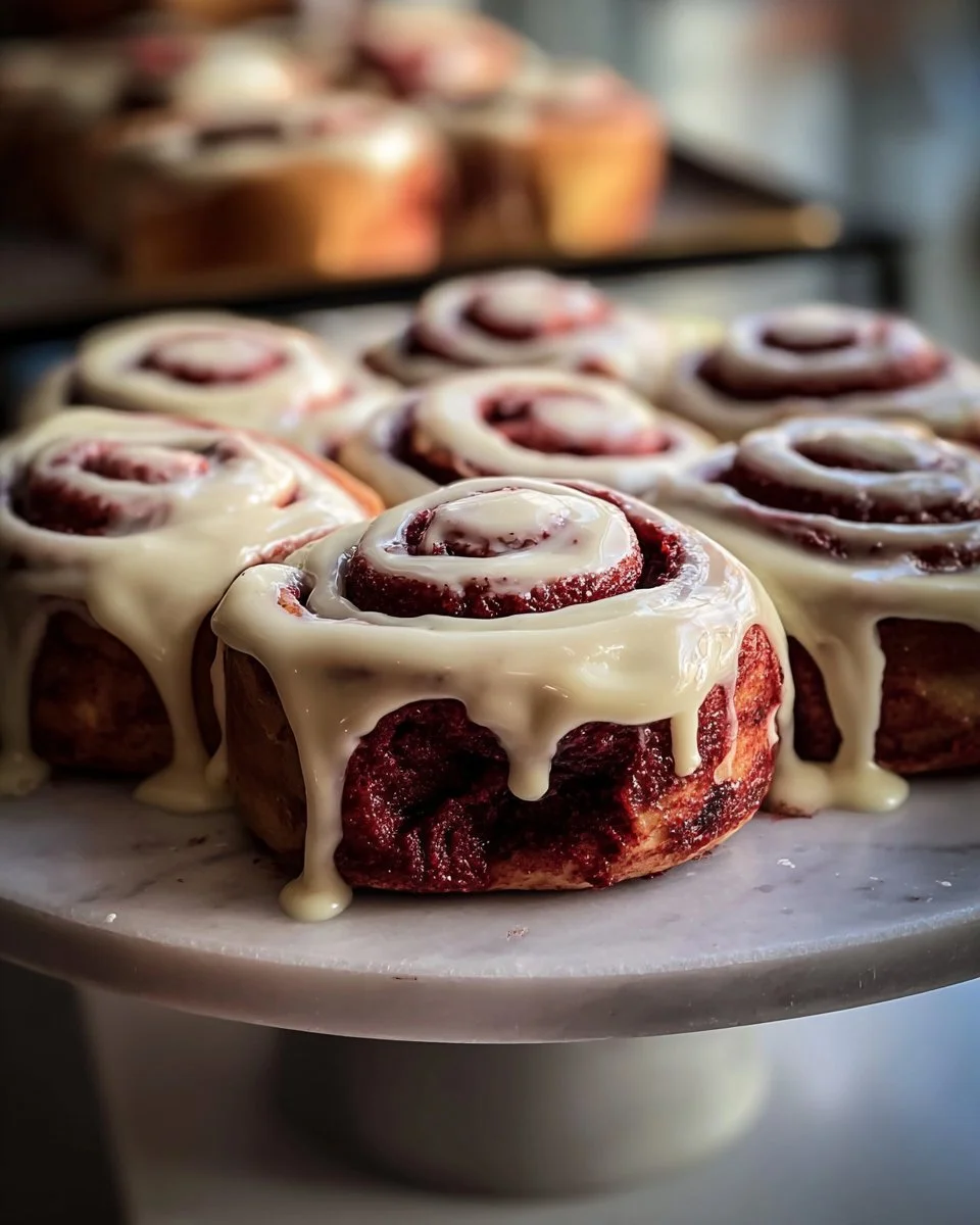 Dreamy red velvet cinnamon rolls, drizzled with cream cheese frosting.
