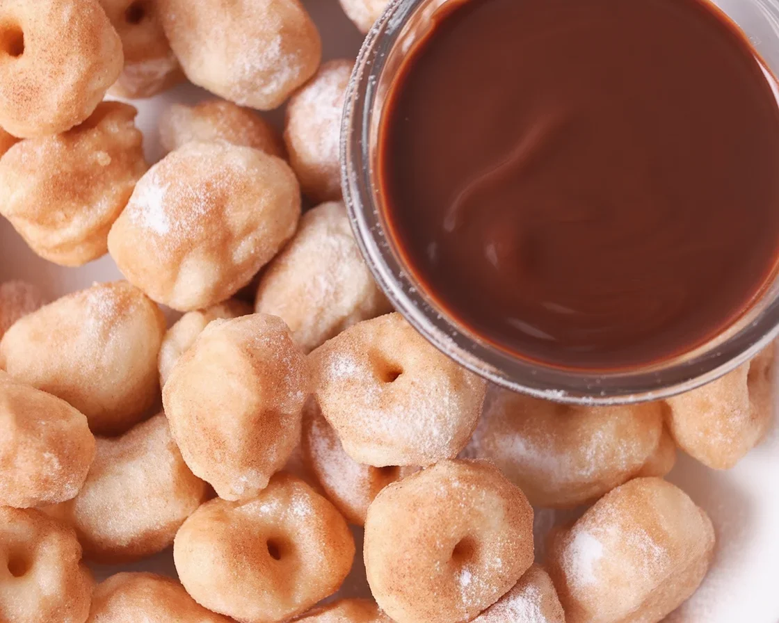 Delicious Air Fryer Churro Bites coated in cinnamon sugar and served with dipping sauces.