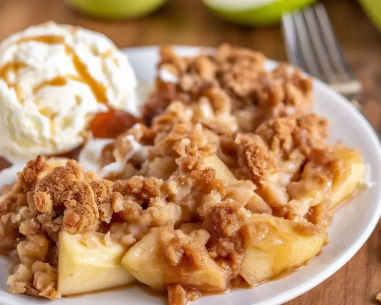 Delicious baked apple crumble topped with buttery crumble and cinnamon