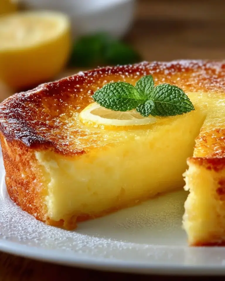 Slice of Lemon Custard Cake topped with fresh lemons
