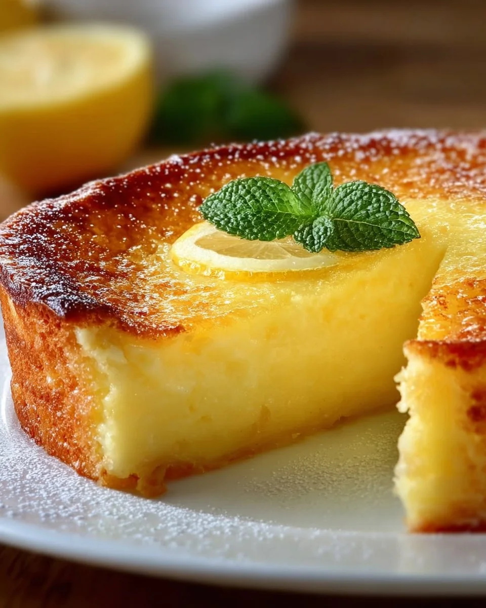 Slice of Lemon Custard Cake topped with fresh lemons