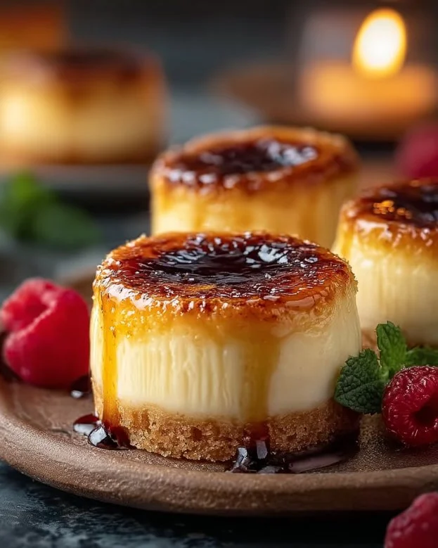 Mini Crème Brûlée Cheesecakes topped with caramelized sugar