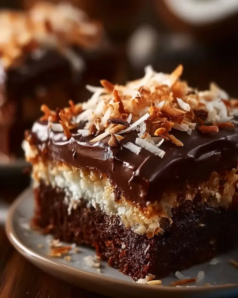 Delicious Mounds Poke Cake topped with coconut and chocolate frosting