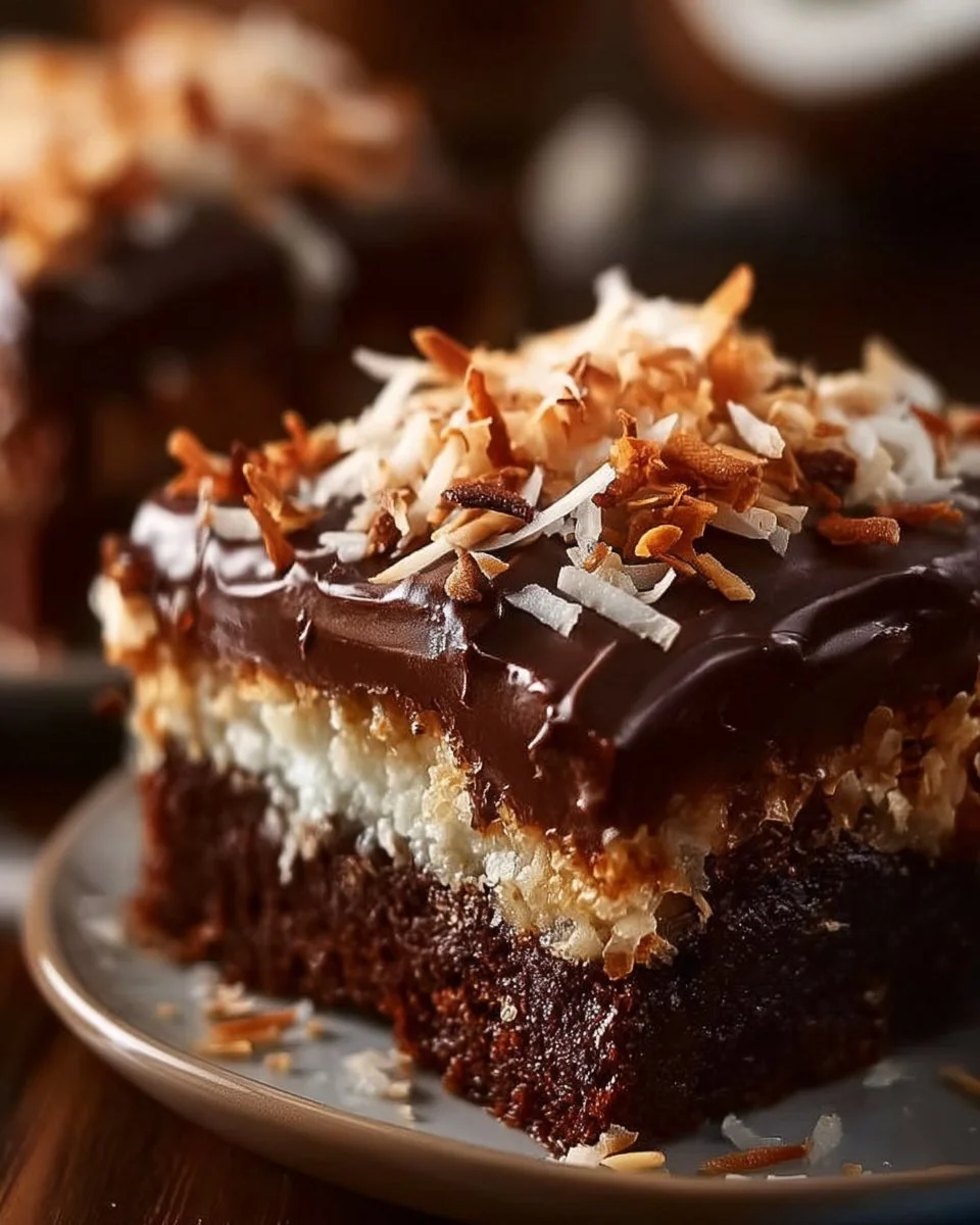 Delicious Mounds Poke Cake topped with coconut and chocolate frosting