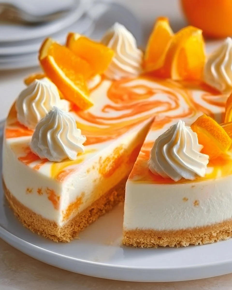 No-bake orange creamsicle cheesecake topped with orange slices and whipped cream