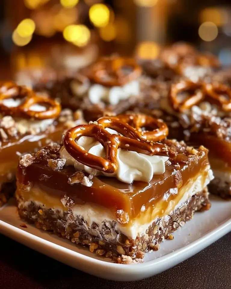 Delicious no-bake salted caramel pretzel bars topped with drizzled caramel.