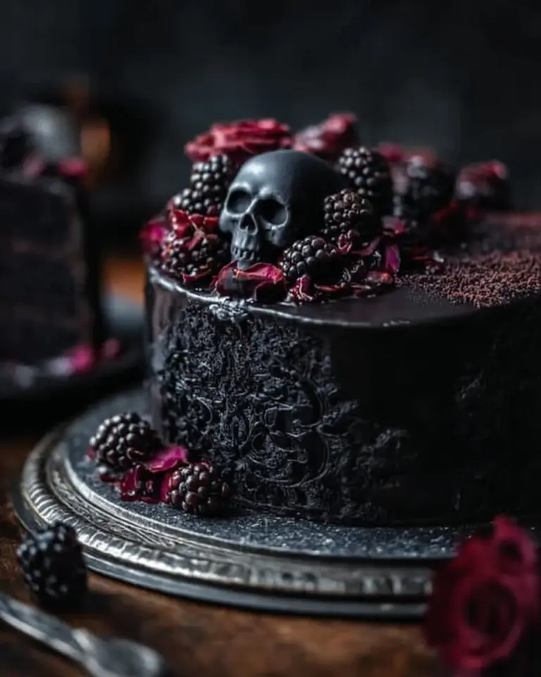 Spooky Black Velvet Cake decorated for Halloween with eerie designs