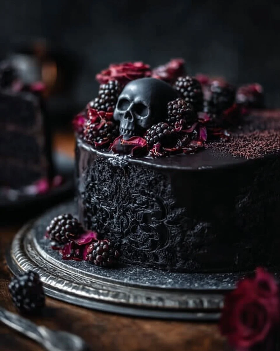 Spooky Black Velvet Cake decorated for Halloween with eerie designs