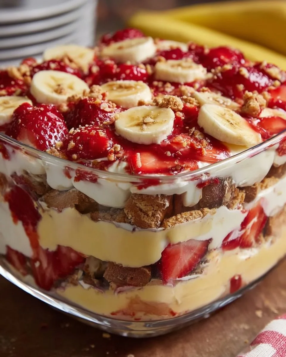 Delicious strawberry banana pudding served in a dessert bowl