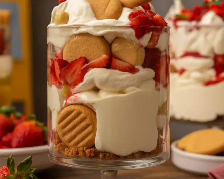 Delicious Strawberry Banana Pudding Dream dessert layered with fruits and cookies