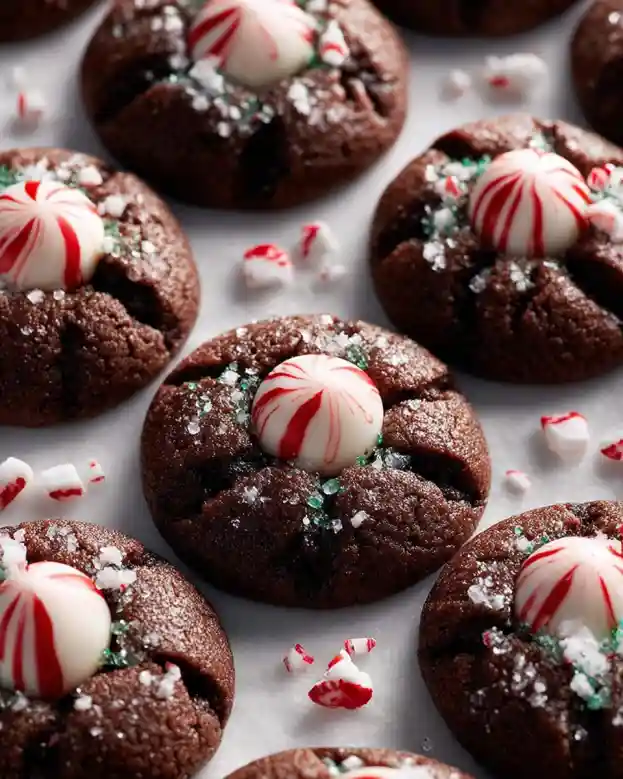 Fudgy Dark Chocolate Cookies with White Chocolate Peppermint Centers
