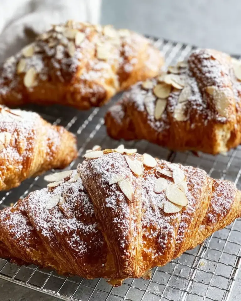 Freshly baked almond croissants on a wooden table