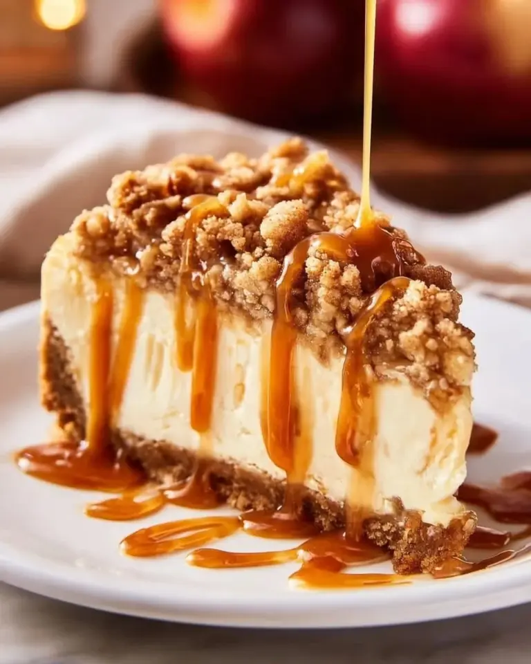 Slice of homemade Apple Crisp Cheesecake topped with cinnamon and crumb topping.