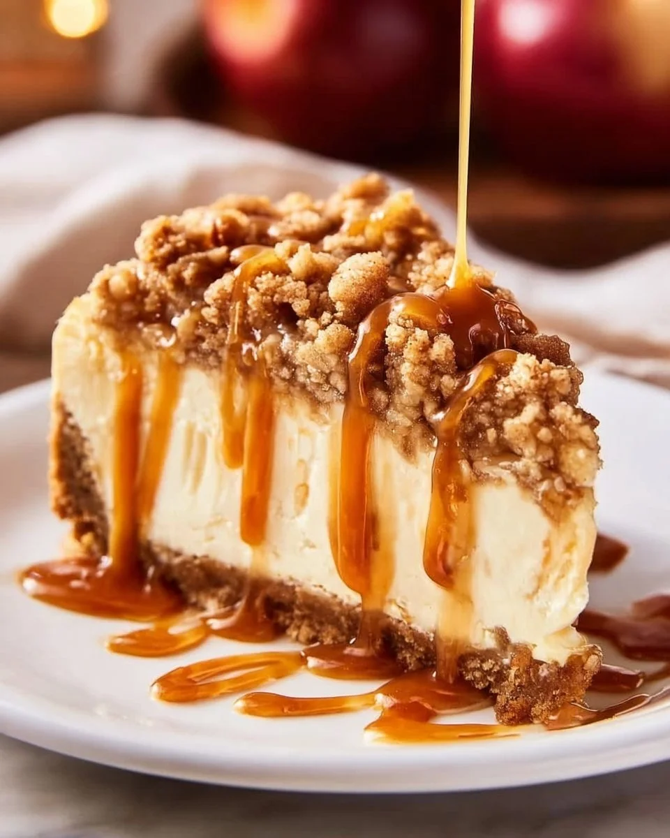 Slice of homemade Apple Crisp Cheesecake topped with cinnamon and crumb topping.