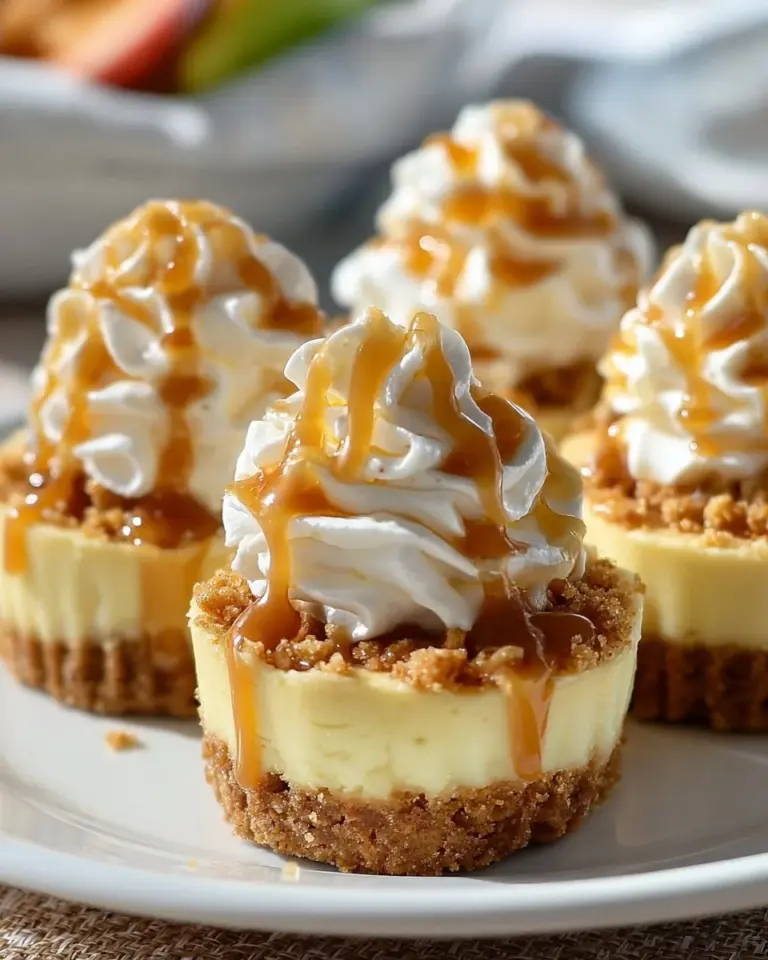 Delicious Apple Crisp Mini Cheesecakes topped with apple and caramel