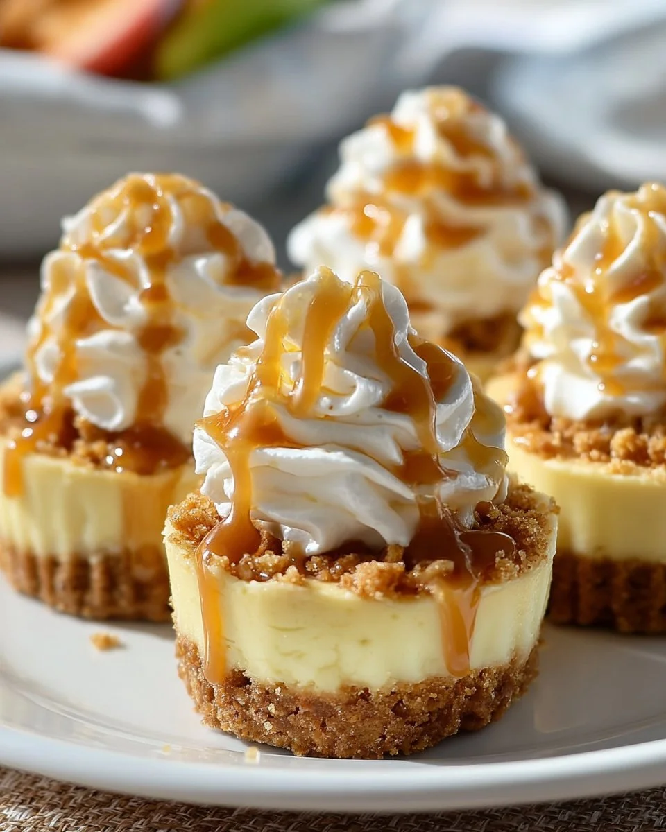 Delicious Apple Crisp Mini Cheesecakes topped with apple and caramel