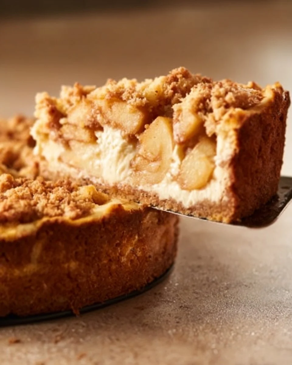 Delicious slice of Apple Crumble Cheesecake with apple topping and crumble crust.