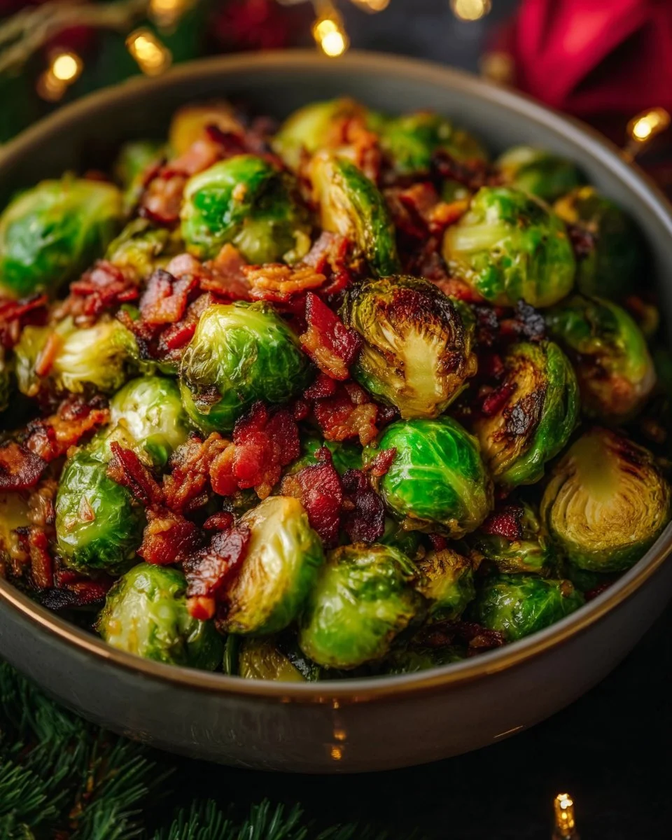 Crispy Bacon Brussels Sprouts topped with savory bacon, perfect for any meal.