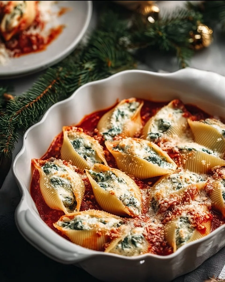 Delicious Christmas stuffed shells served on a festive table