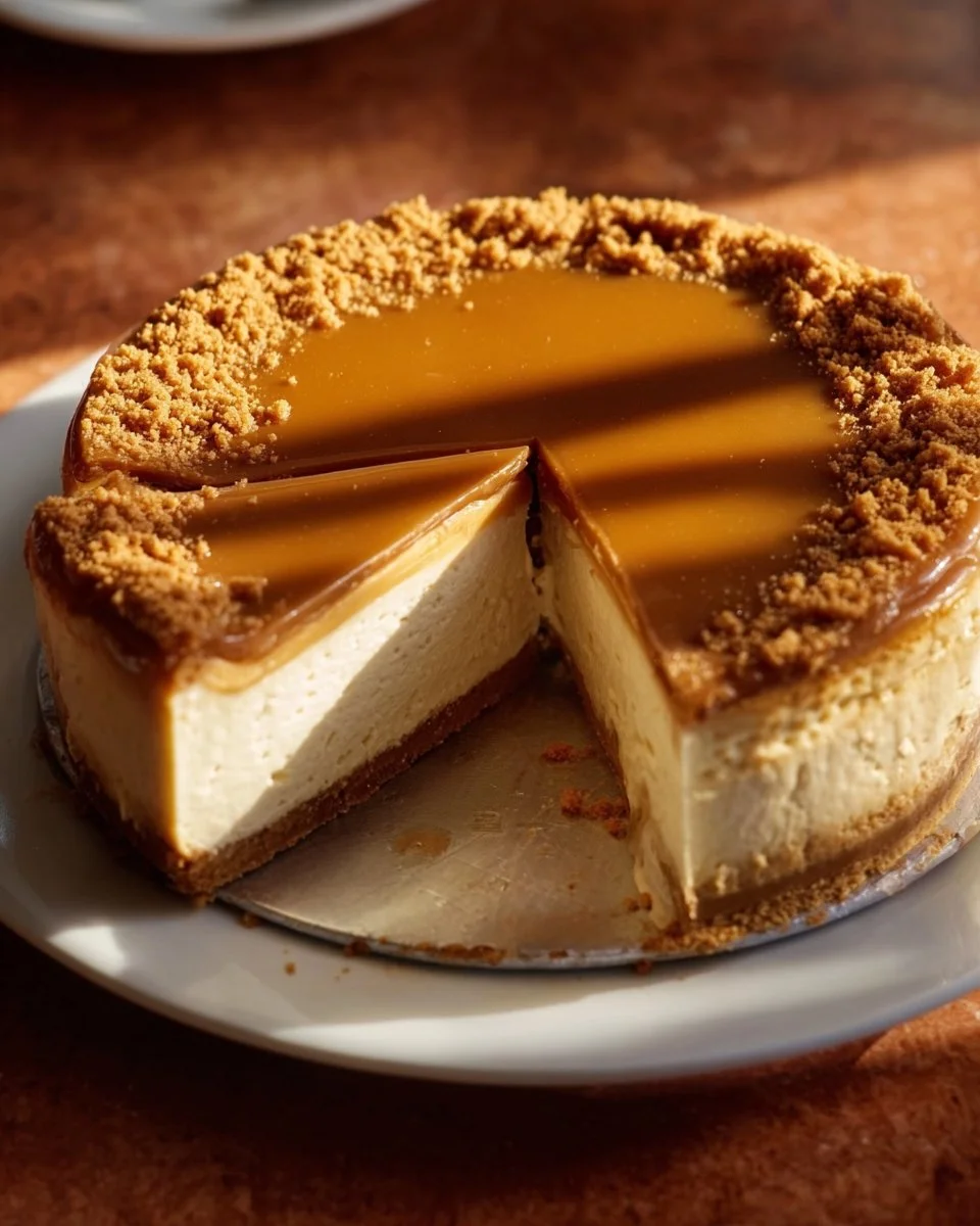 Delicious homemade Biscoff Cheesecake topped with caramel and biscuit crumbs.