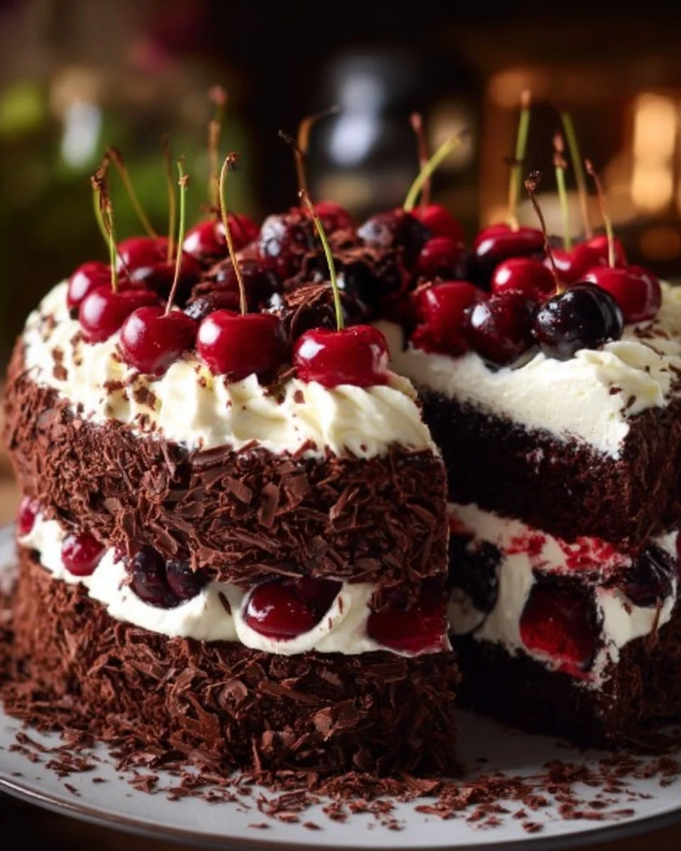 Deliciously layered Black Forest Cake topped with cherries and whipped cream