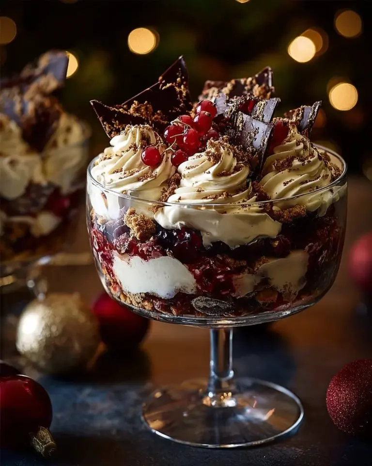 Delicious Black Forest Trifle dessert with layers of chocolate, cherries, and cream.
