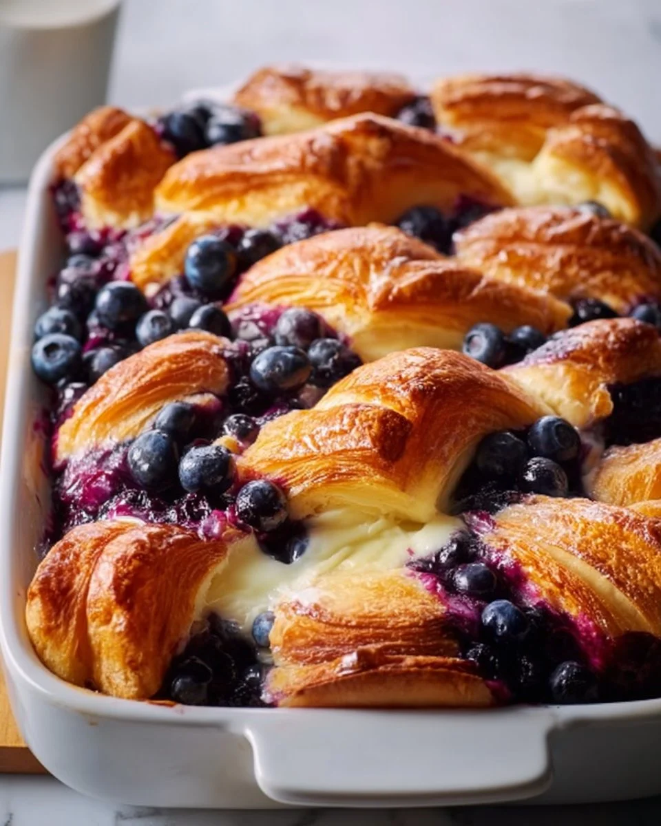 Blueberry Cream Cheese Croissant Casserole baked dish with blueberries and cream cheese
