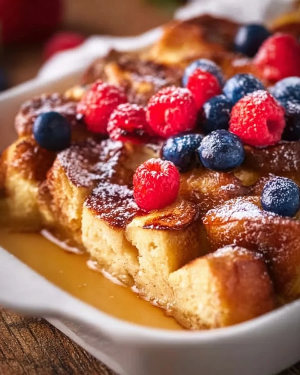 Delicious brioche French toast casserole topped with syrup and berries