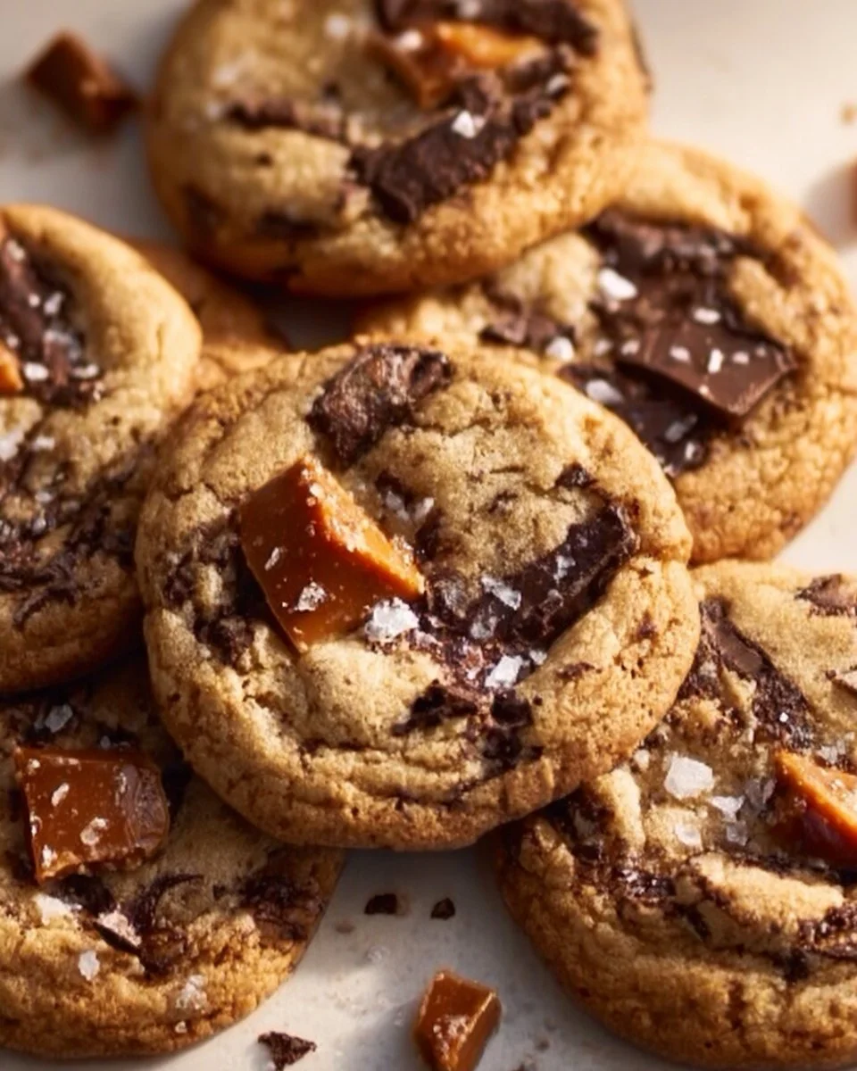 Delicious brown butter toffee cookies on a plate, showcasing their rich texture.