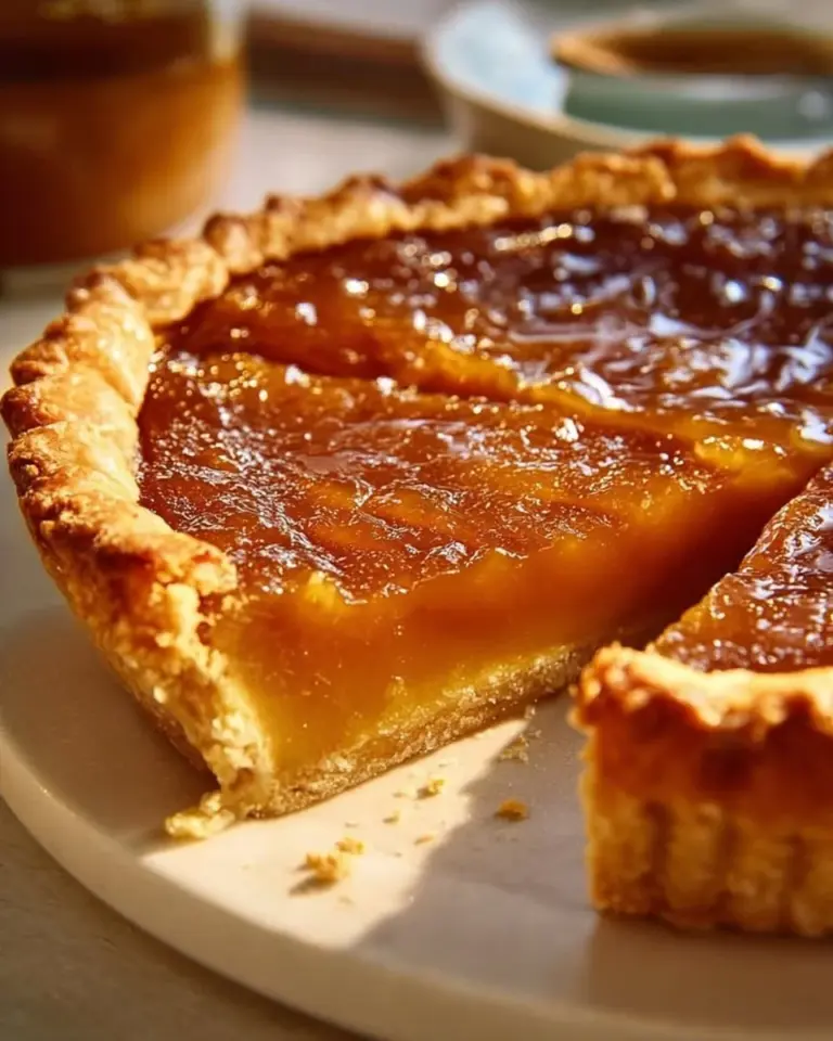 Slice of Burnt Honey Pie with caramelized honey topping and flaky crust
