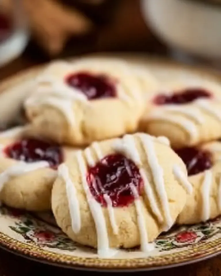 Buttery Almond Thumbprint Cookies filled with jam on a decorative plate.