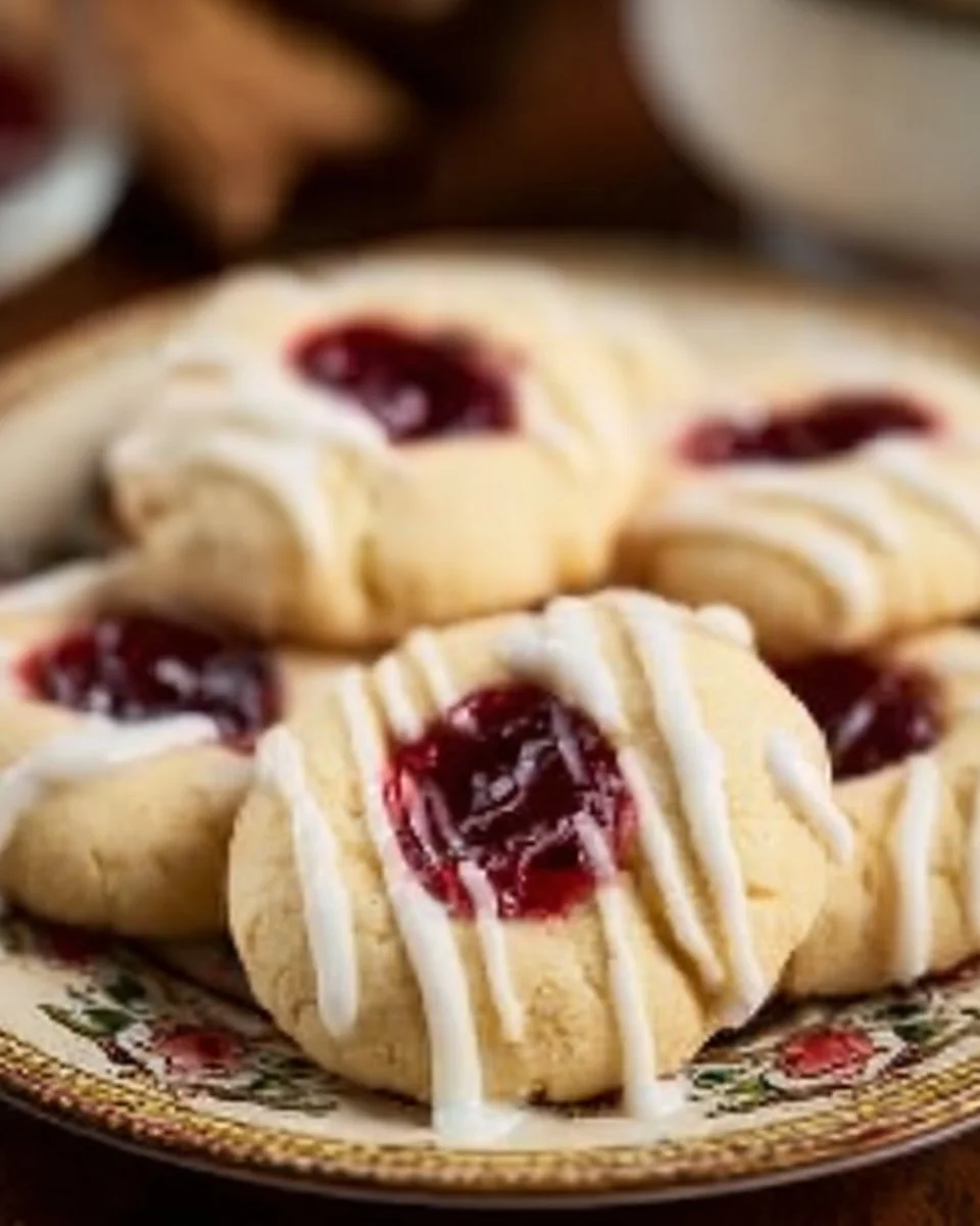 Buttery Almond Thumbprint Cookies filled with jam on a decorative plate.