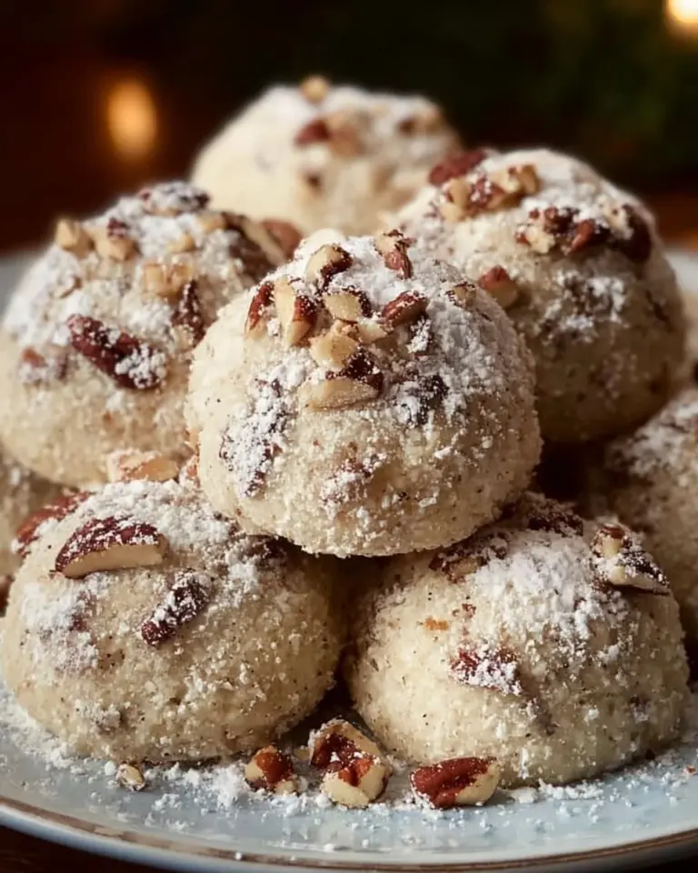 Buttery pecan snowball cookies dusted with powdered sugar on a plate