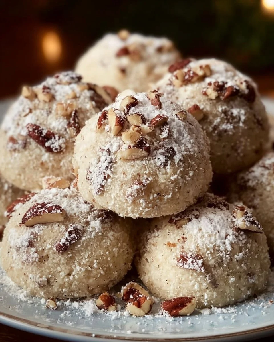 Buttery pecan snowball cookies dusted with powdered sugar on a plate