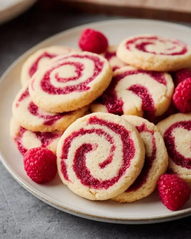Buttery shortbread cookies with raspberry swirl on a plate