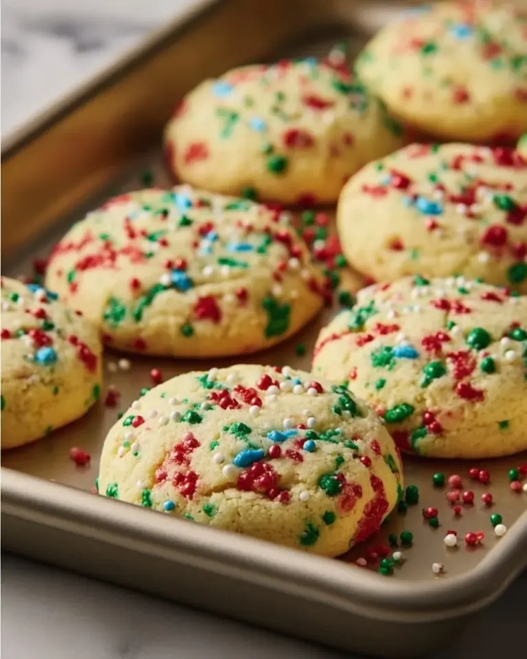 Baked cake mix Christmas cookies decorated with festive sprinkles and icing.