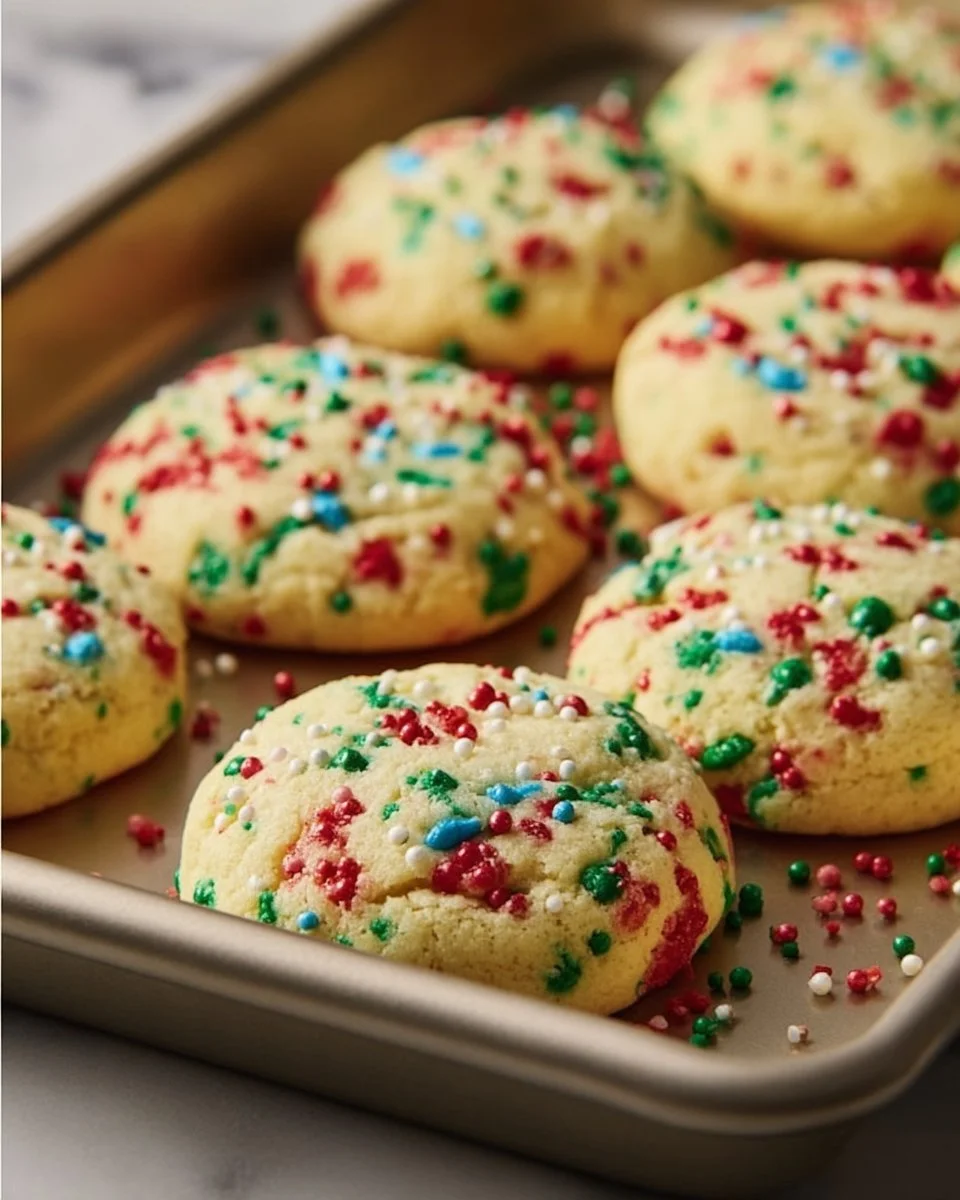 Baked cake mix Christmas cookies decorated with festive sprinkles and icing.