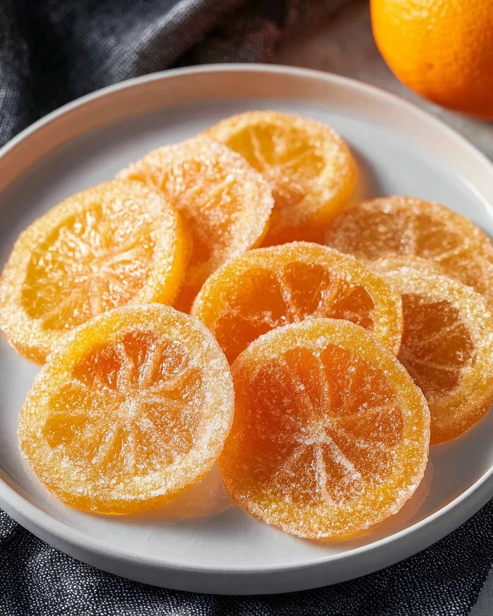 Delicious candied orange slices elegantly arranged on a plate.