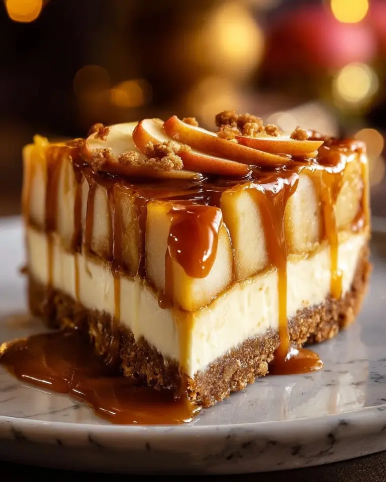 Caramel Apple Cheesecake Dream Pie with caramel drizzle and apple slices