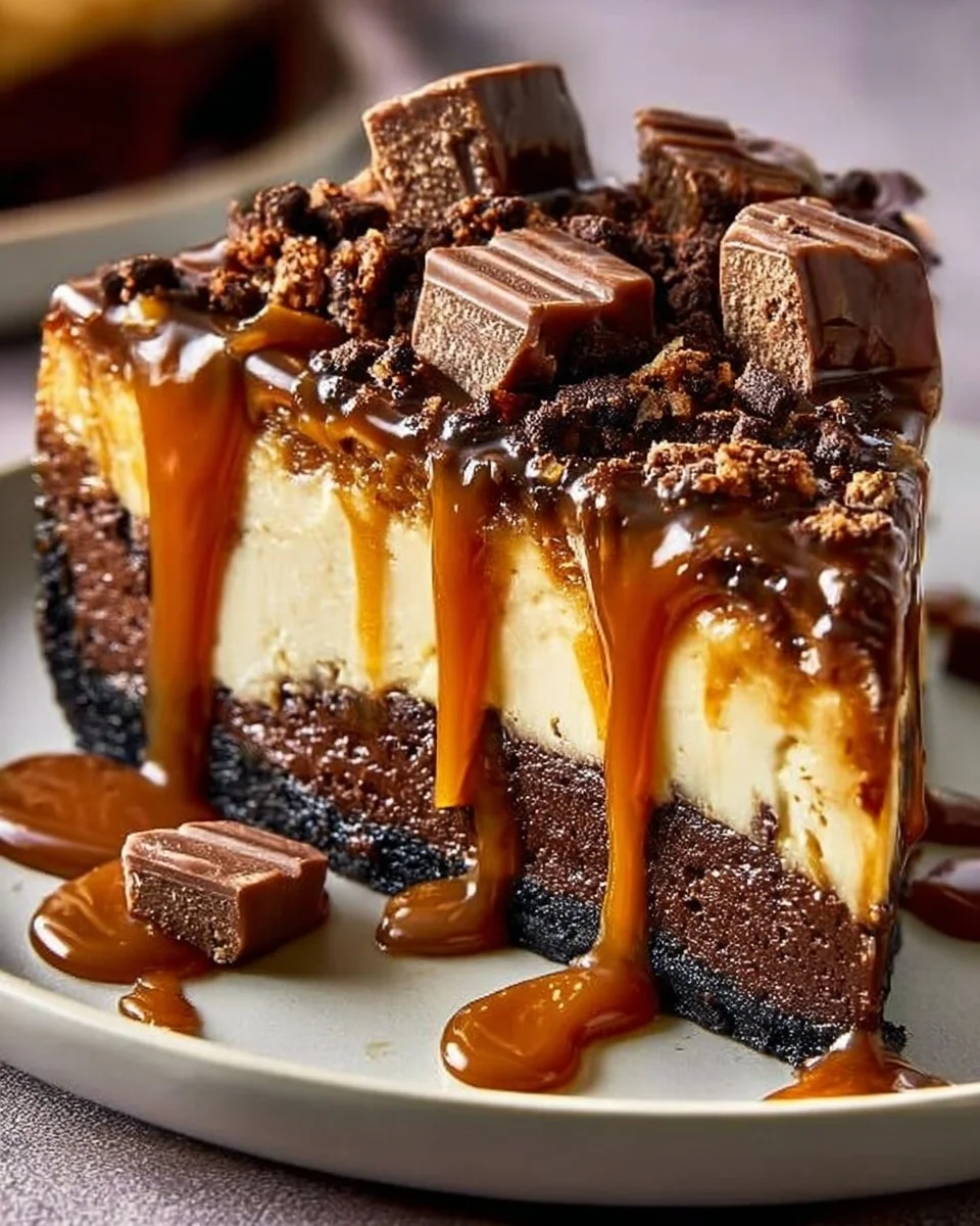 Decadent caramel brownie cheesecake topped with creamy caramel sauce.