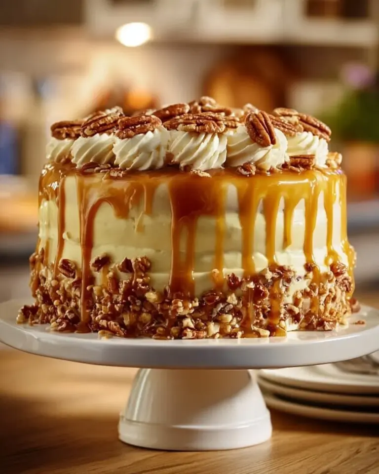 Delicious Caramel Butter Pecan Praline Poke Cake topped with pecans and caramel drizzle