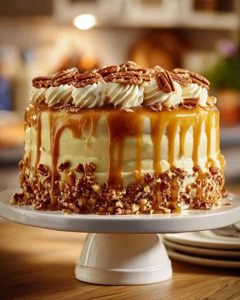 Delicious Caramel Butter Pecan Praline Poke Cake topped with pecans and caramel drizzle