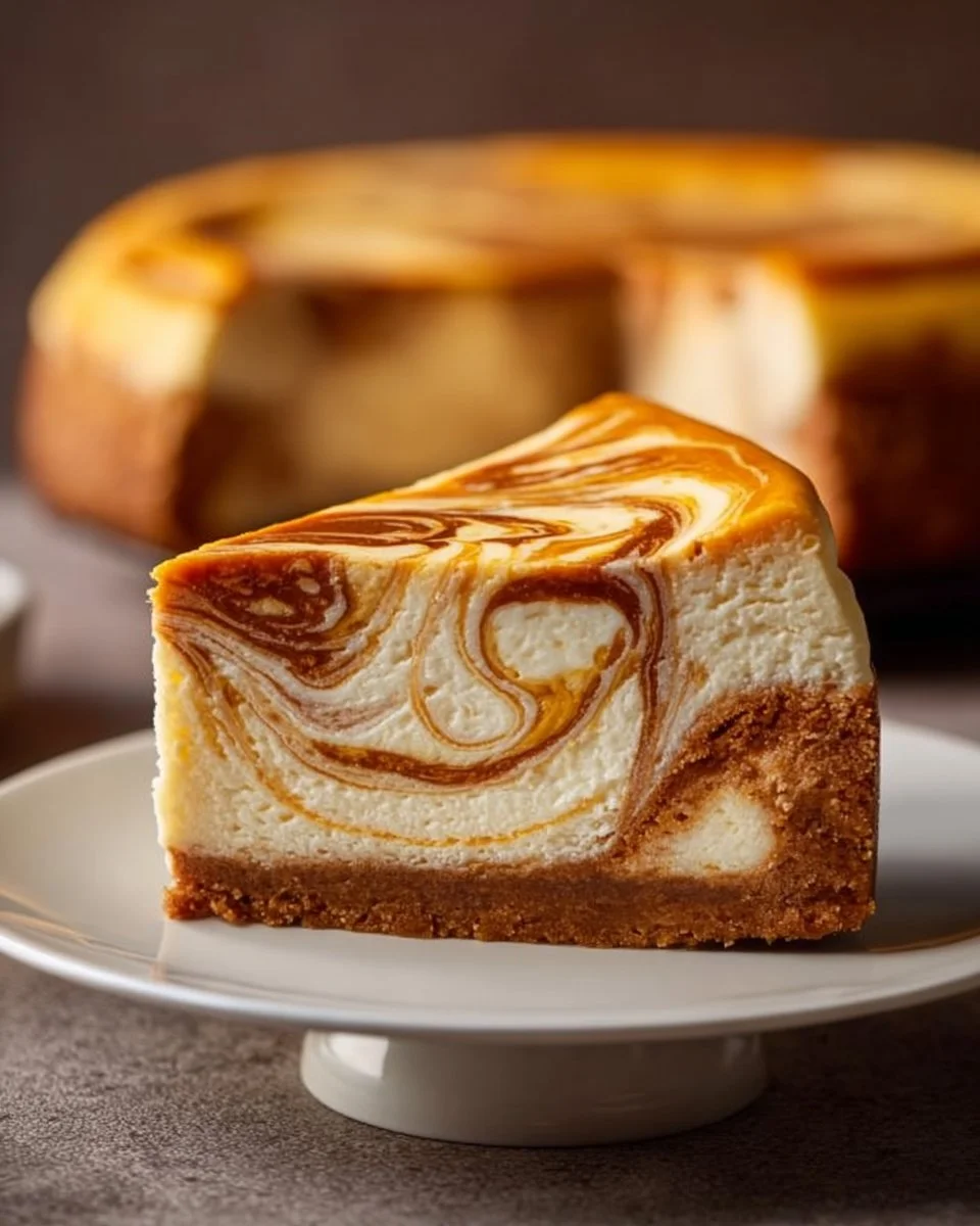 Delicious pumpkin swirl cheesecake topped with cream and pumpkin flavor swirls