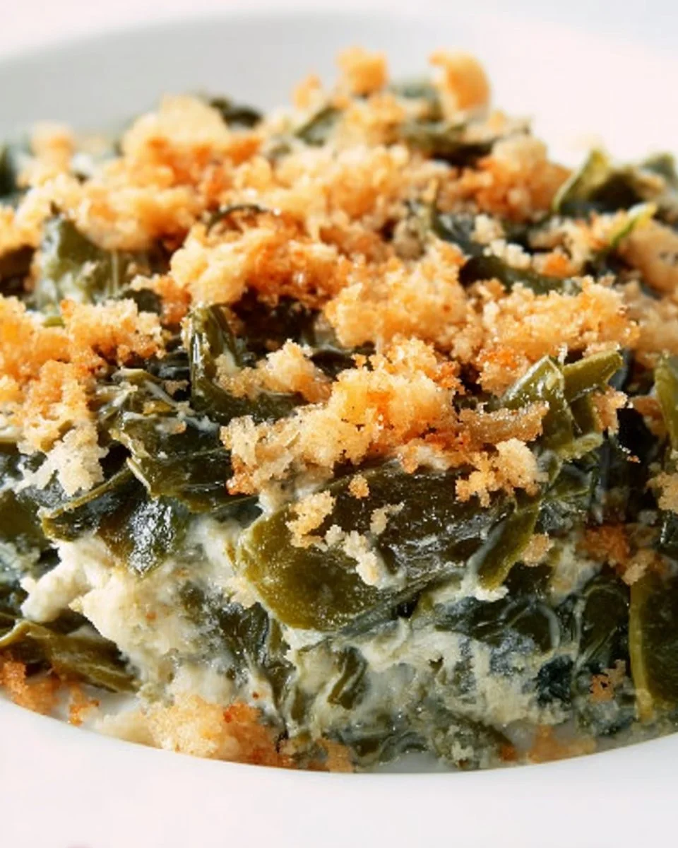 Cheesy collard greens gratin served in a baking dish on a wooden table.