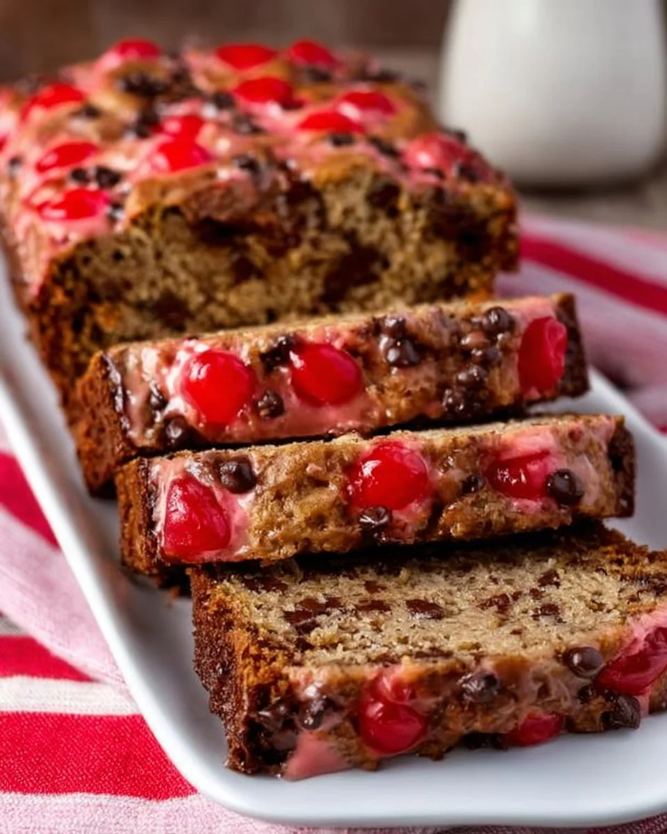Delicious cherry chocolate chip banana bread fresh out of the oven.