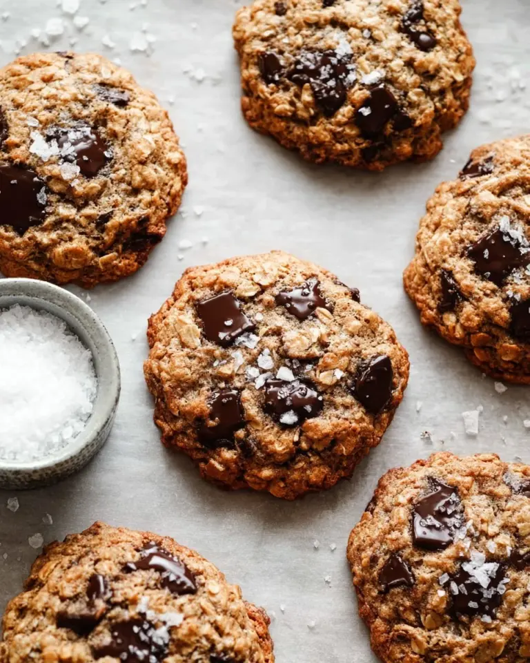 Freshly baked chewy oatmeal chocolate chip cookies on a cooling rack