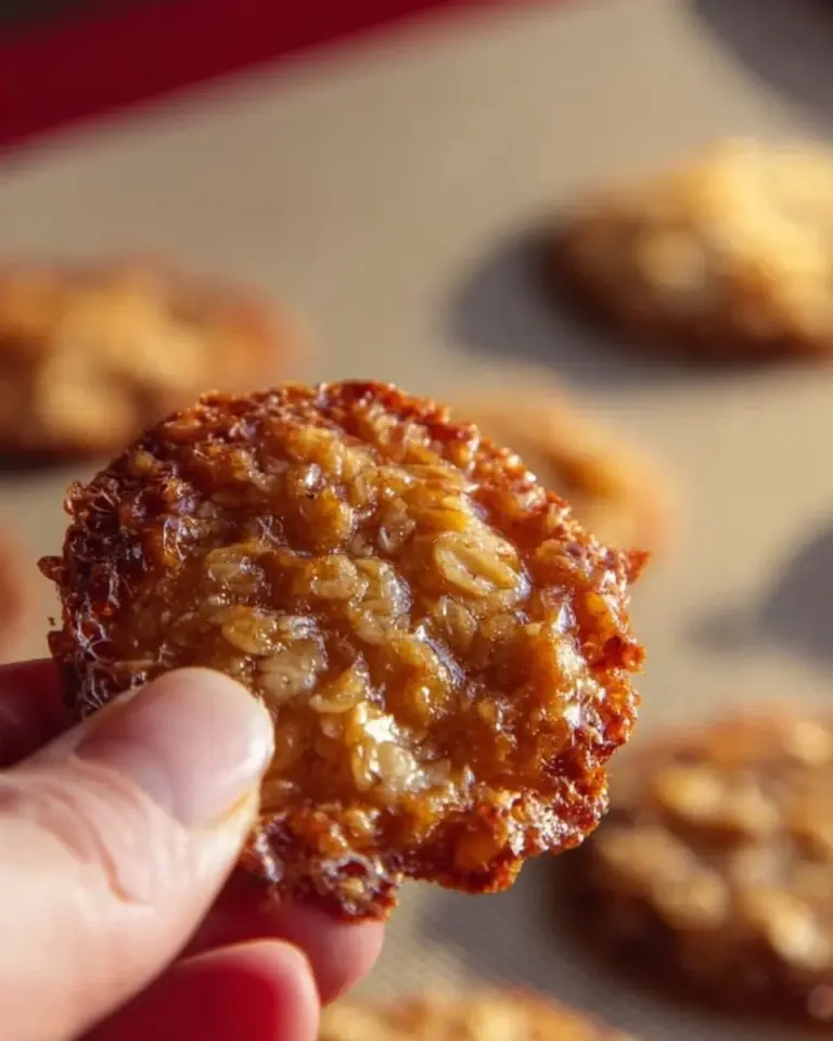 Chewy oatmeal lace cookies with a crispy edge and soft center on a plate.