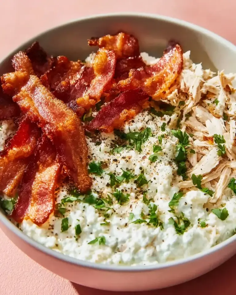 Chicken Bacon Ranch Cottage Cheese Bowl garnished with greens and bacon bits